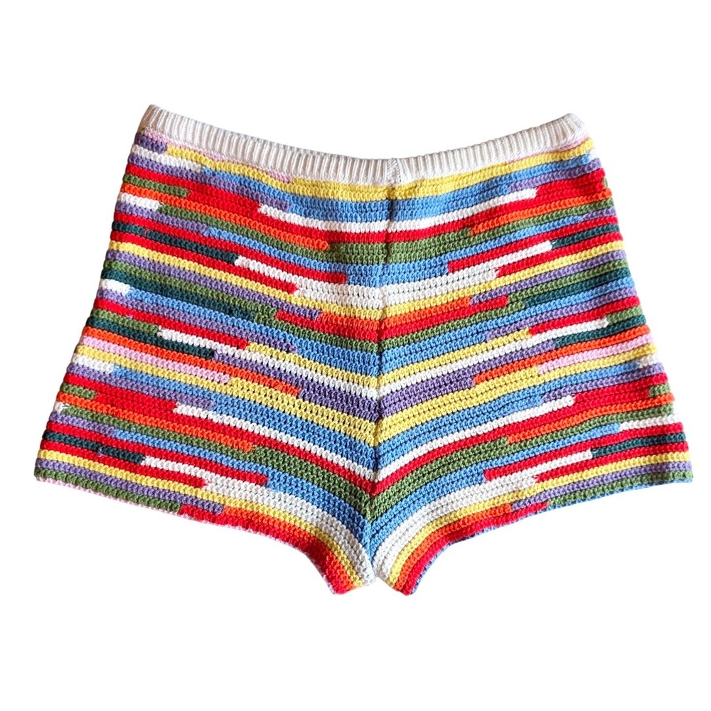 Boutique Crochet Knit Multicolor Stripe Shorts Boho Festival Beach Cover Up S